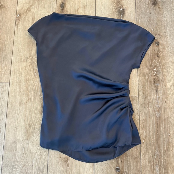 Asymmetrical One-Shoulder Satin Like Silk Like Top Navy Blue XS - Picture 9 of 9